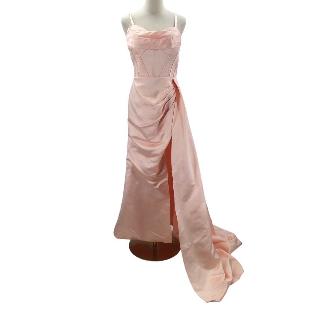 Blush Pink Satin Maxi Gown with Draped Side Panel